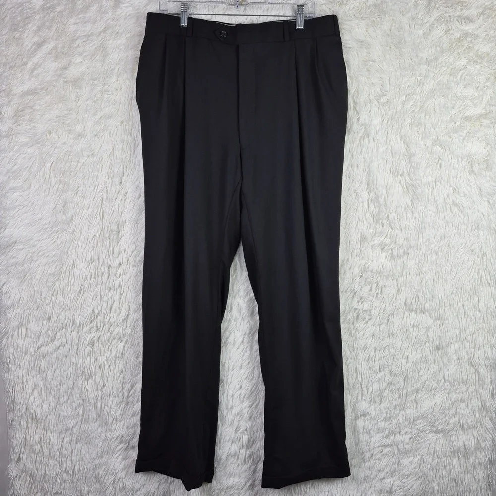 Joseph & Feiss Mens Black 100% Worsted Wool Pleated Cuffed Dress Pants‎ 36x30